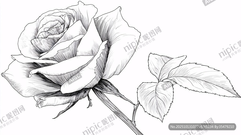 素描玫瑰花朵与叶片