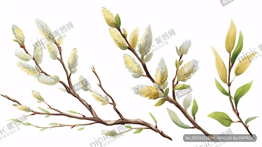 水彩风柳枝植物插画素材