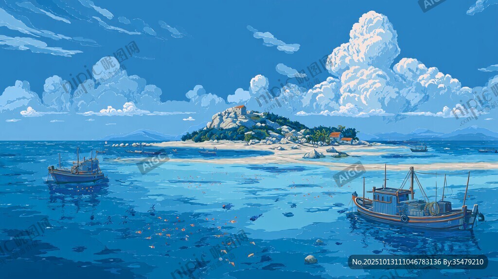 梦幻海岛与海上渔船图景