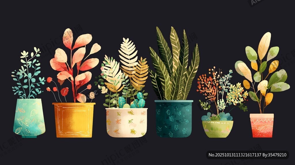 多彩盆栽植物艺术插画