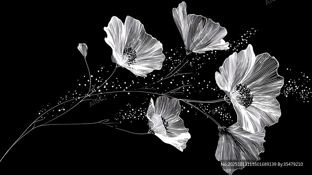 黑白花卉线条艺术插画