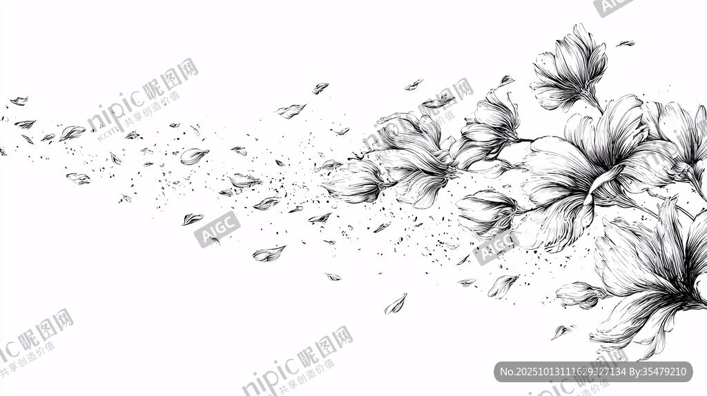 水墨花卉飘散艺术插画