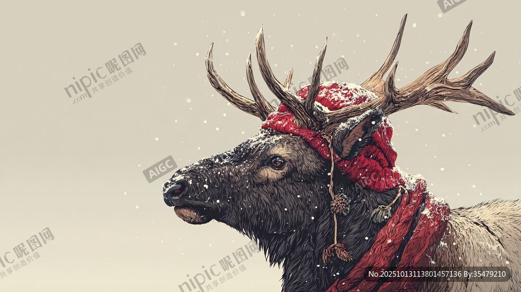 戴红帽围巾的麋鹿雪中侧影
