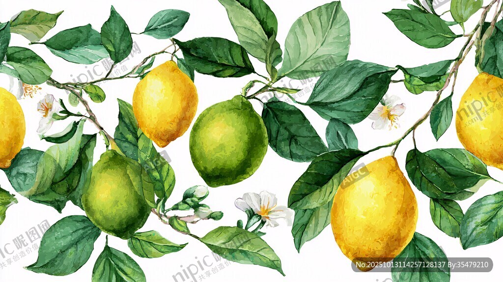 柠檬枝叶水彩插画
