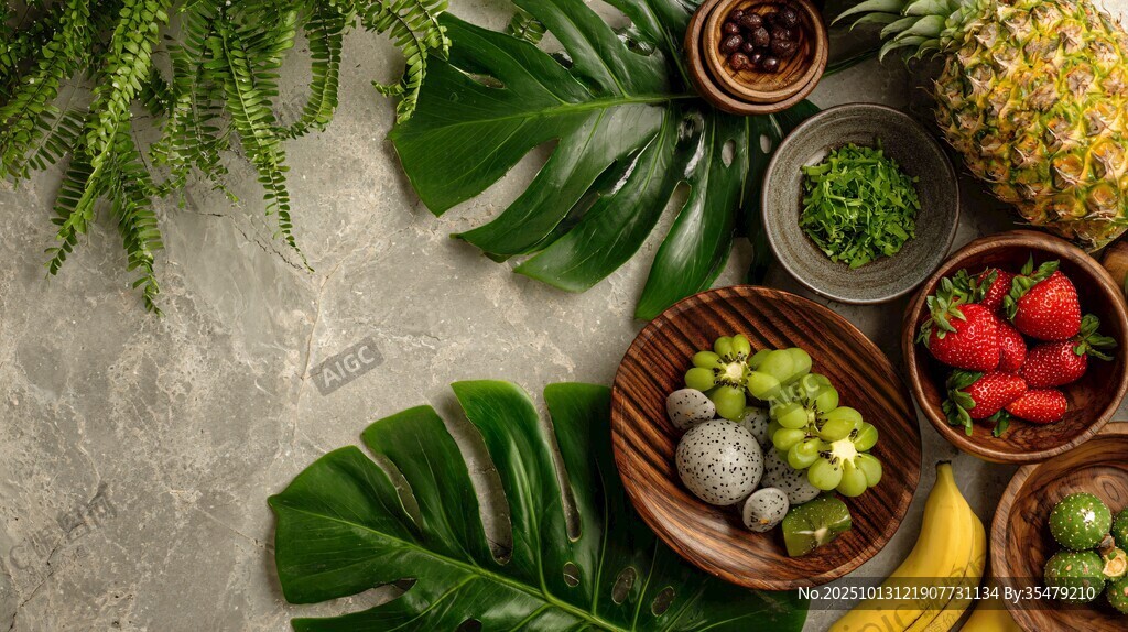 热带果蔬与绿植的清新组合