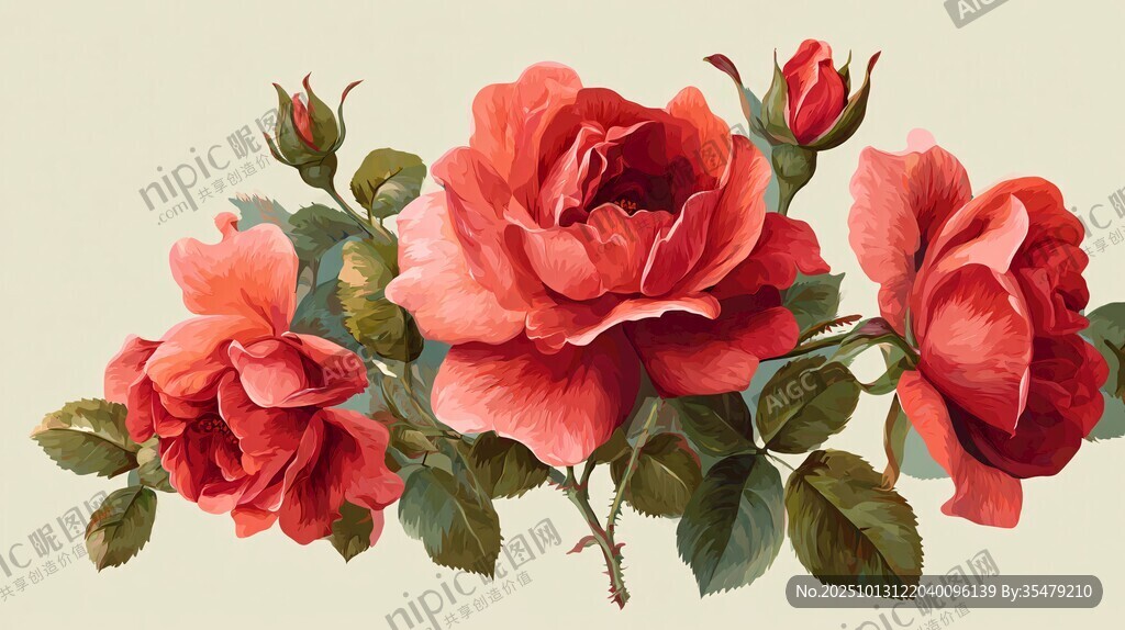 复古红玫瑰花卉插画