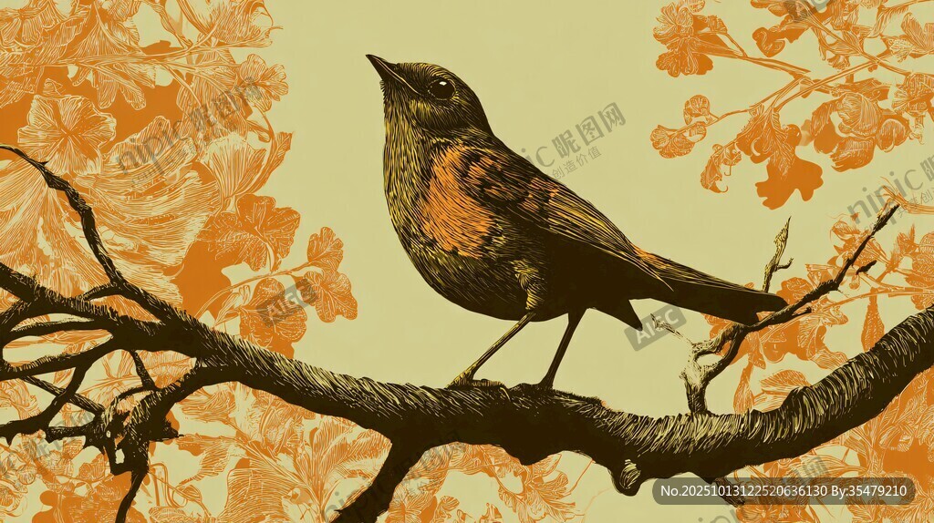栖息于花枝上的斑斓小鸟