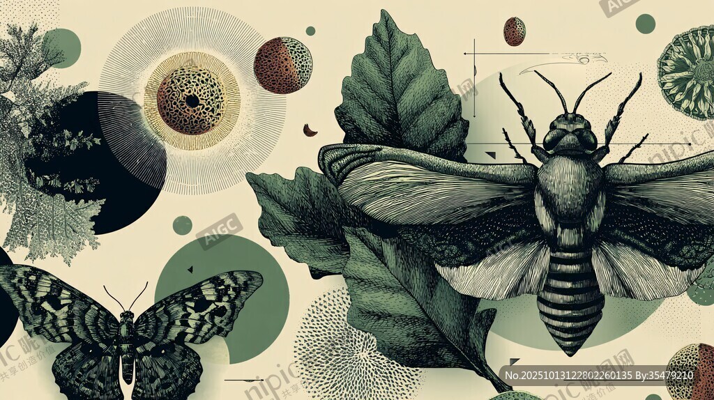 复古风昆虫与植物插画