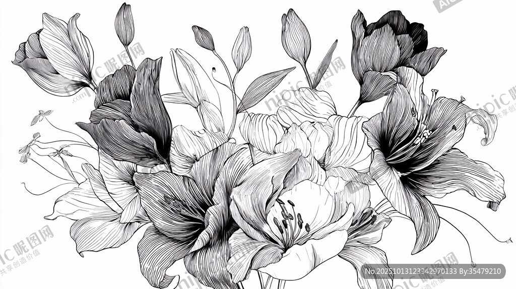 黑白花卉手绘插画