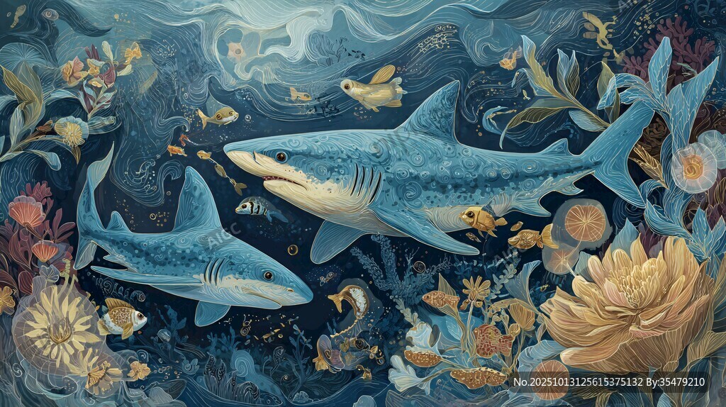 梦幻海底双鲨共游景象