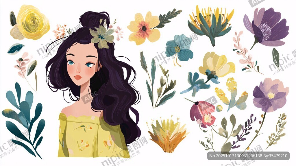女孩与缤纷花卉插画
