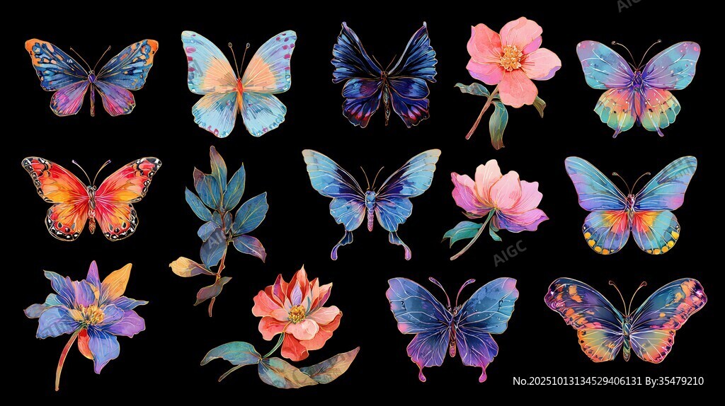 梦幻水彩蝴蝶与花卉图案