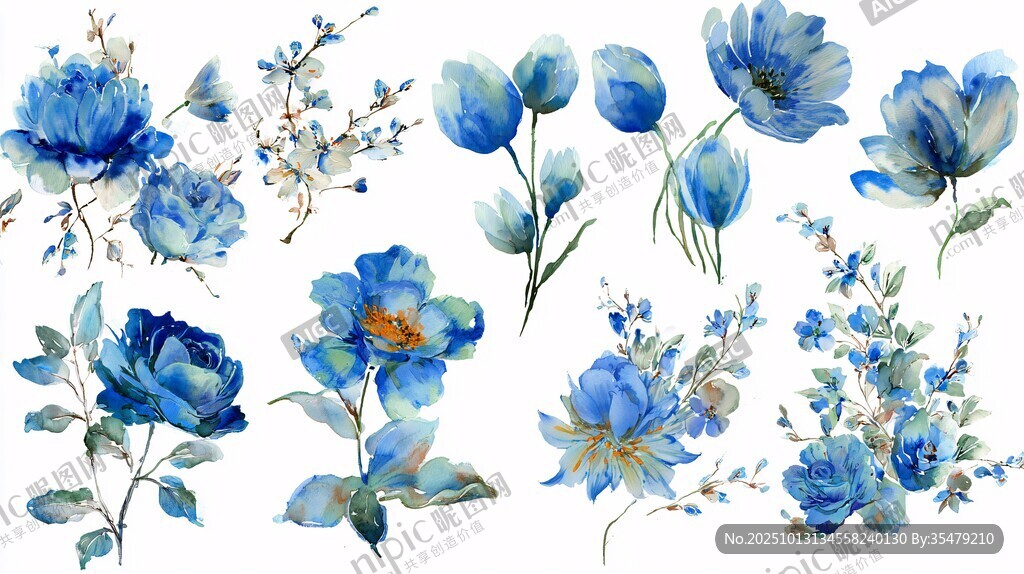 蓝色水彩花卉图案集合