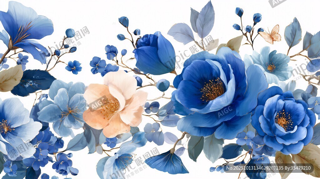 蓝粉花卉边框图案设计