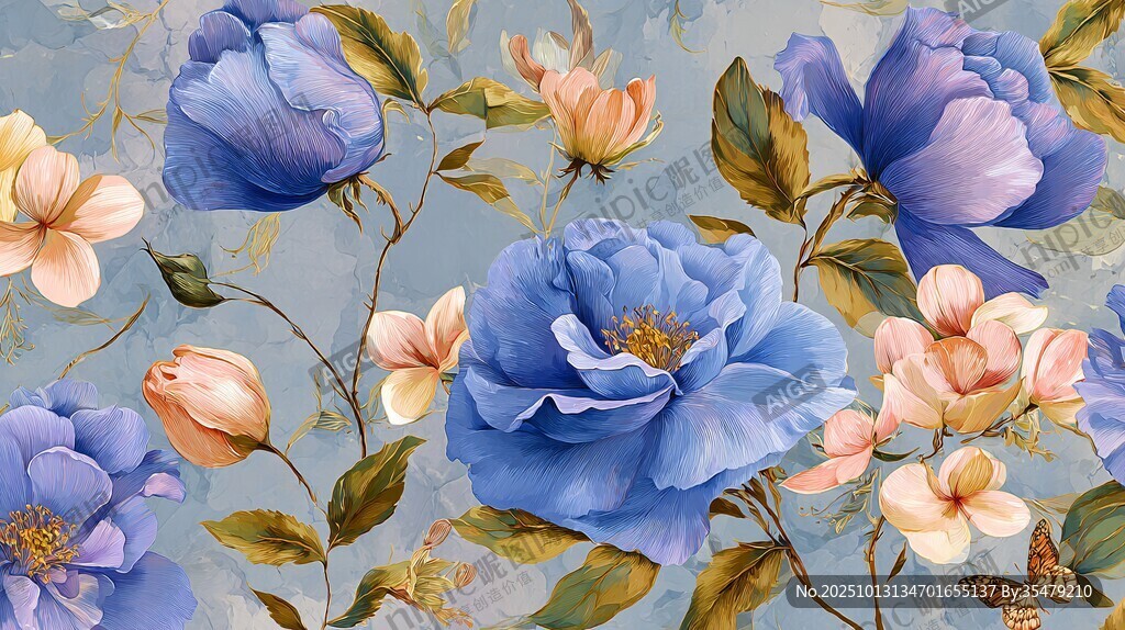 蓝粉花卉图案精美壁纸