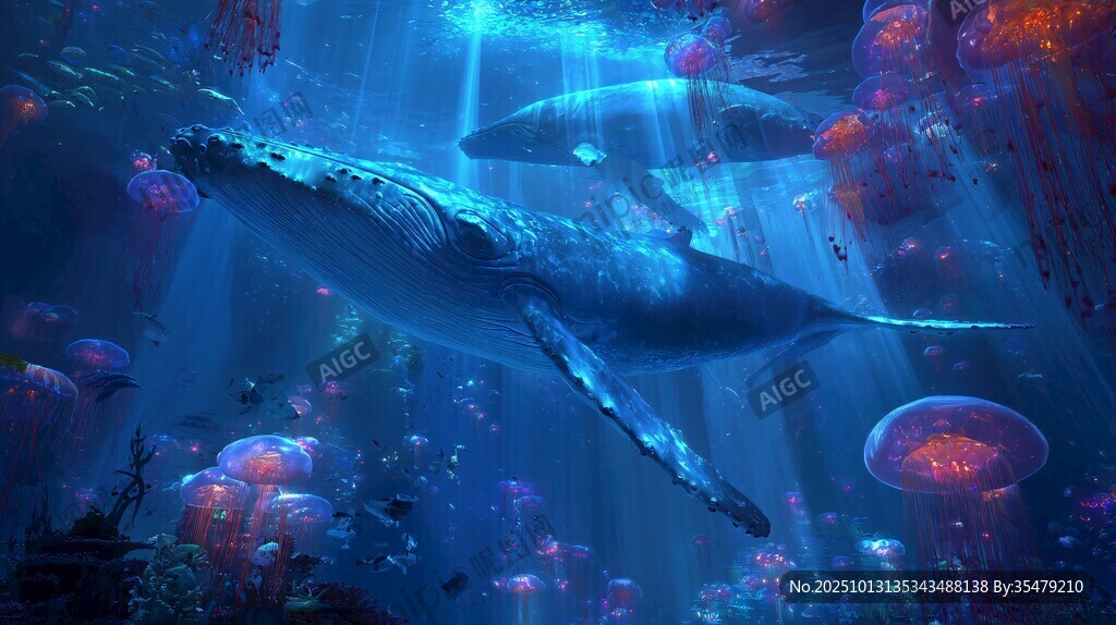 梦幻深海中的鲸鱼与水母