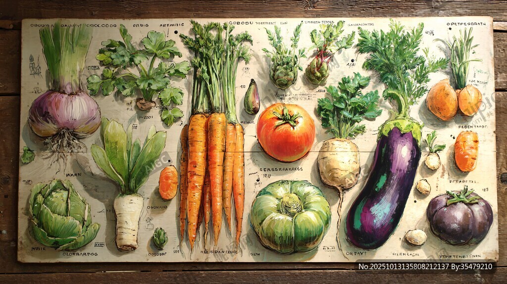 复古风多彩蔬菜插画展示