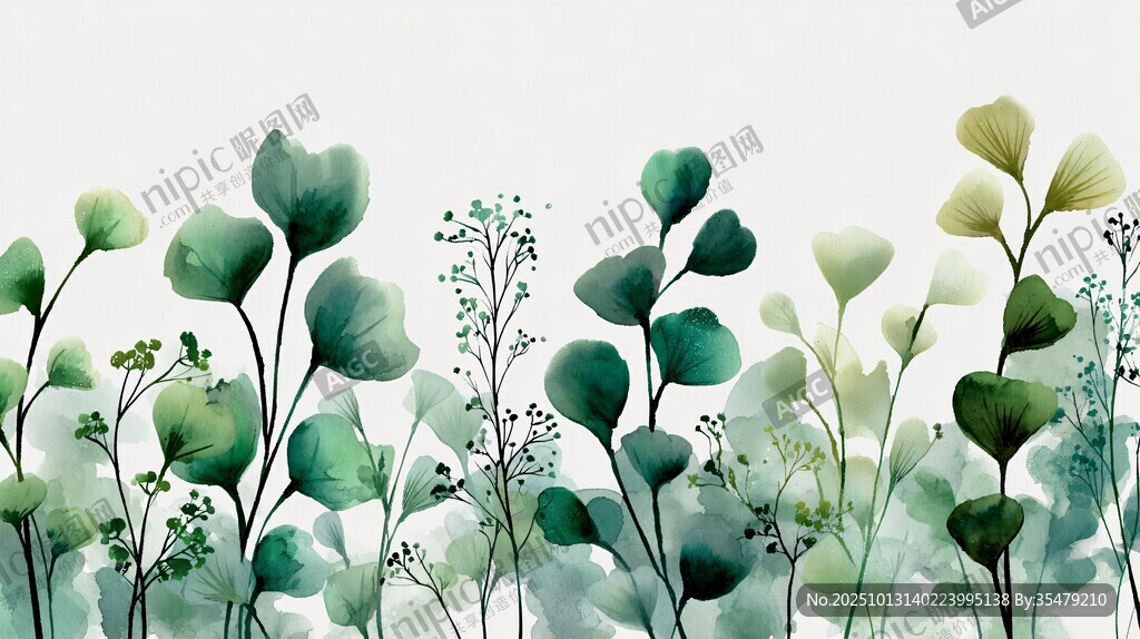 清新绿植水彩插画背景
