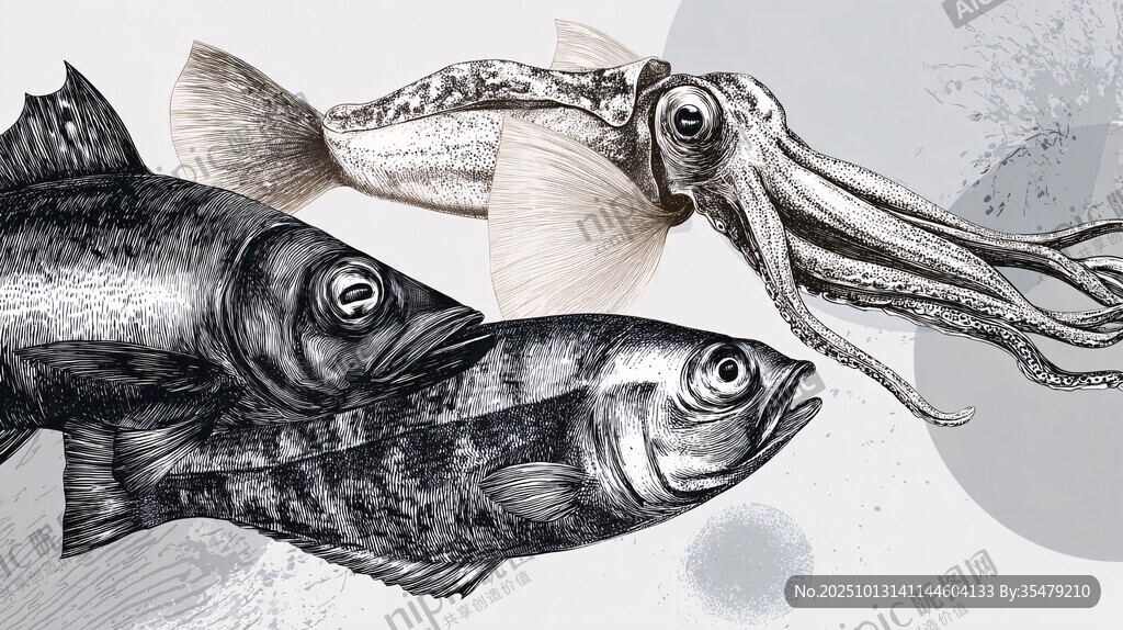 海洋生物鱼类与鱿鱼插画