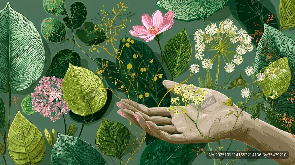 手捧繁花绿叶的自然之美