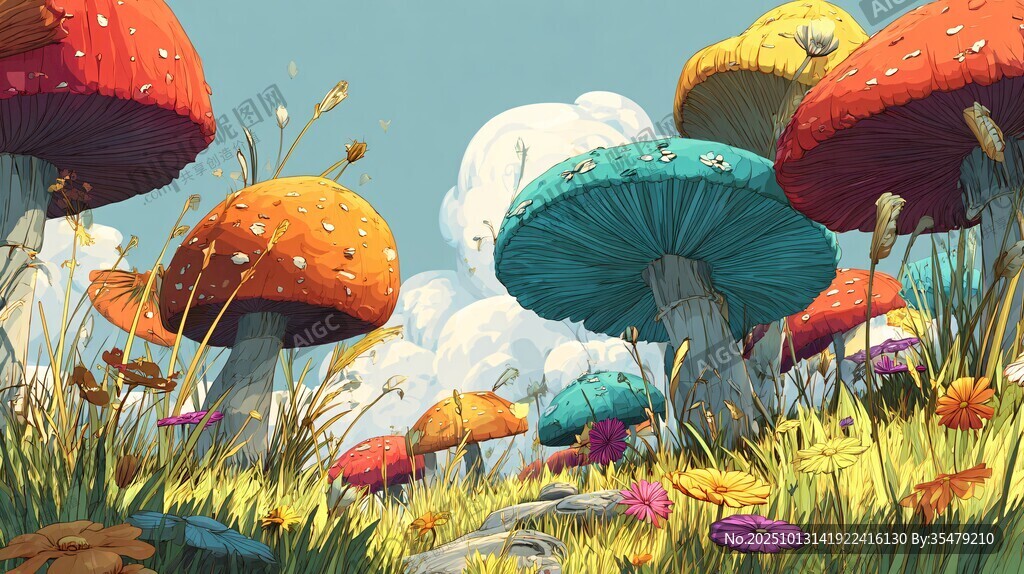 梦幻蘑菇草地奇幻景象