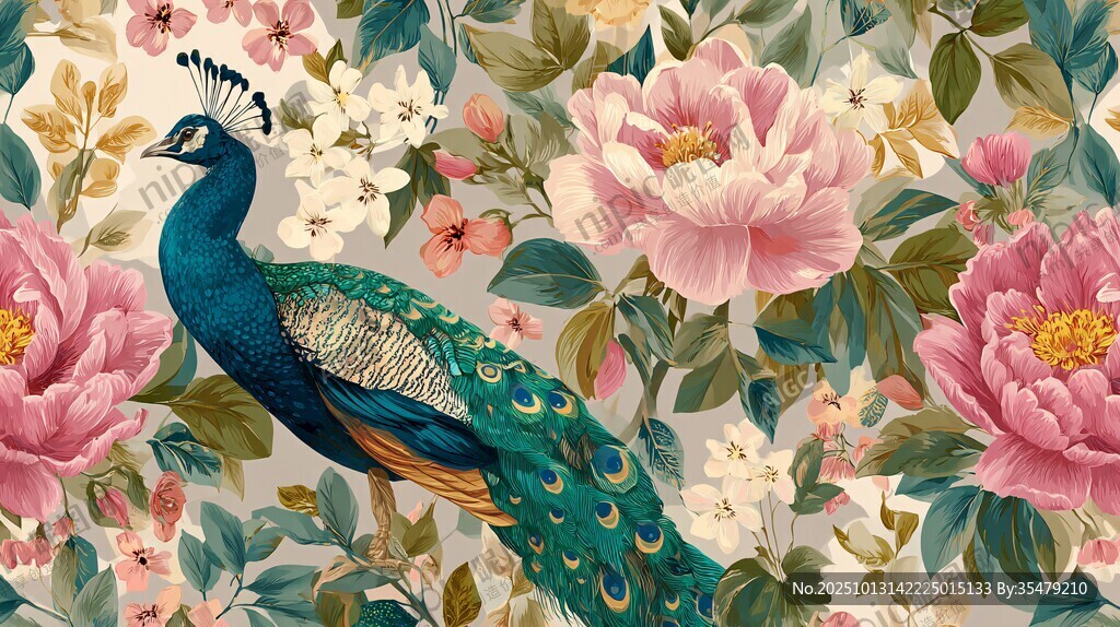 孔雀栖于繁花间的唯美画面