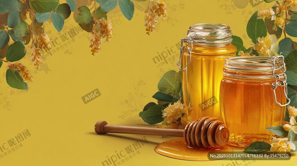 金黄蜂蜜与自然装饰静物图