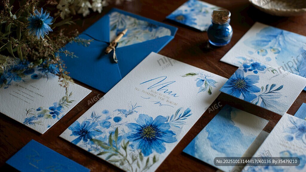 蓝色花卉主题婚礼邀请函