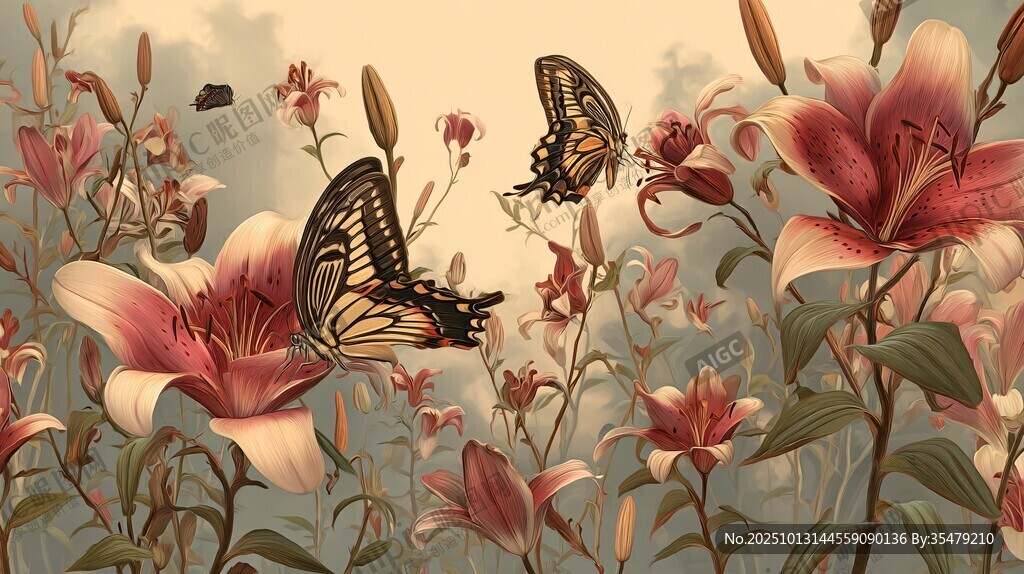 蝶舞百合间的梦幻景致