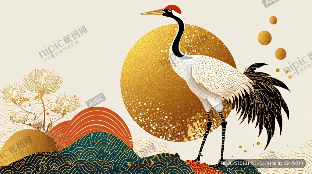 丹顶鹤立于山水金月间
