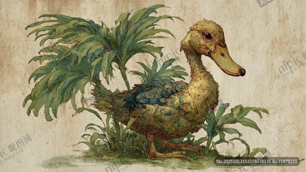复古风鸭子插画植物相伴