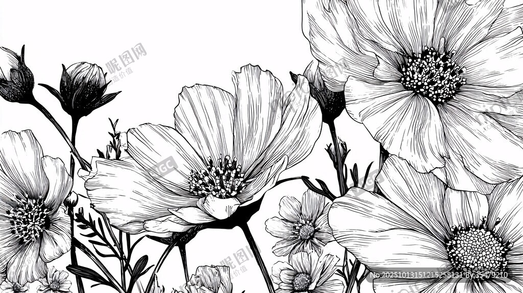 黑白手绘波斯菊花卉图