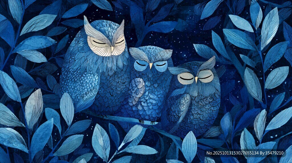 蓝夜中的温馨猫头鹰一家