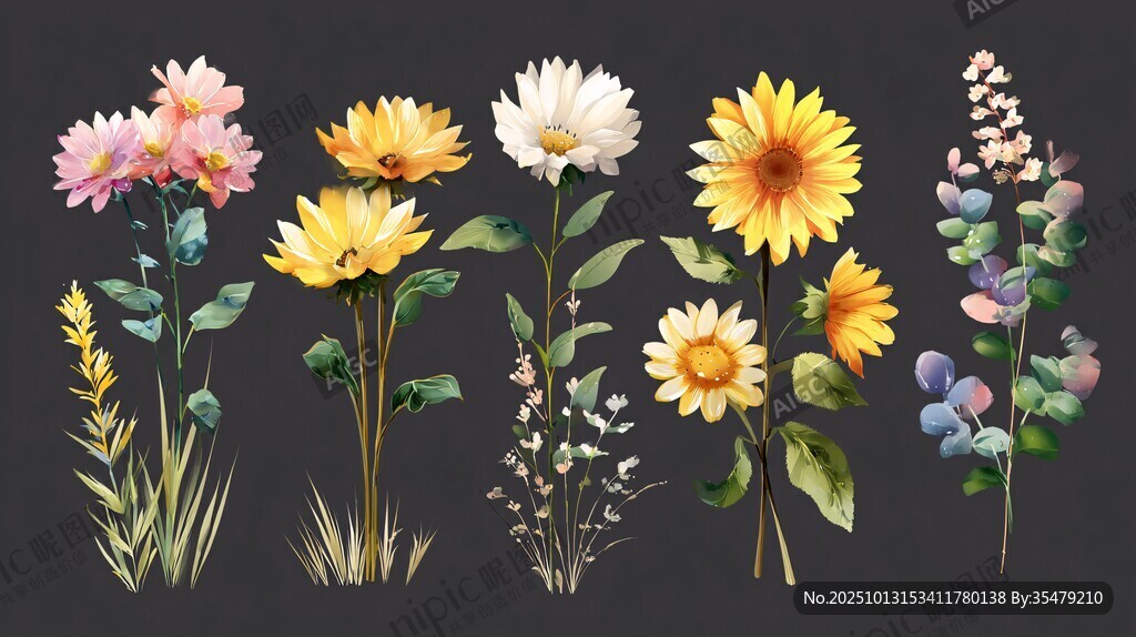 手绘多彩花卉植物插画