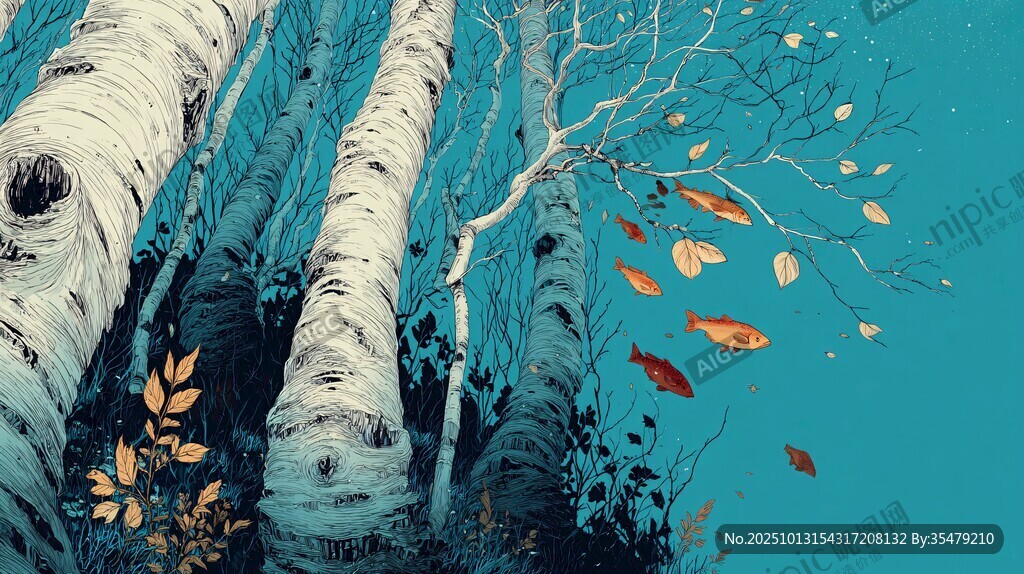 梦幻蓝调白桦林秋景图