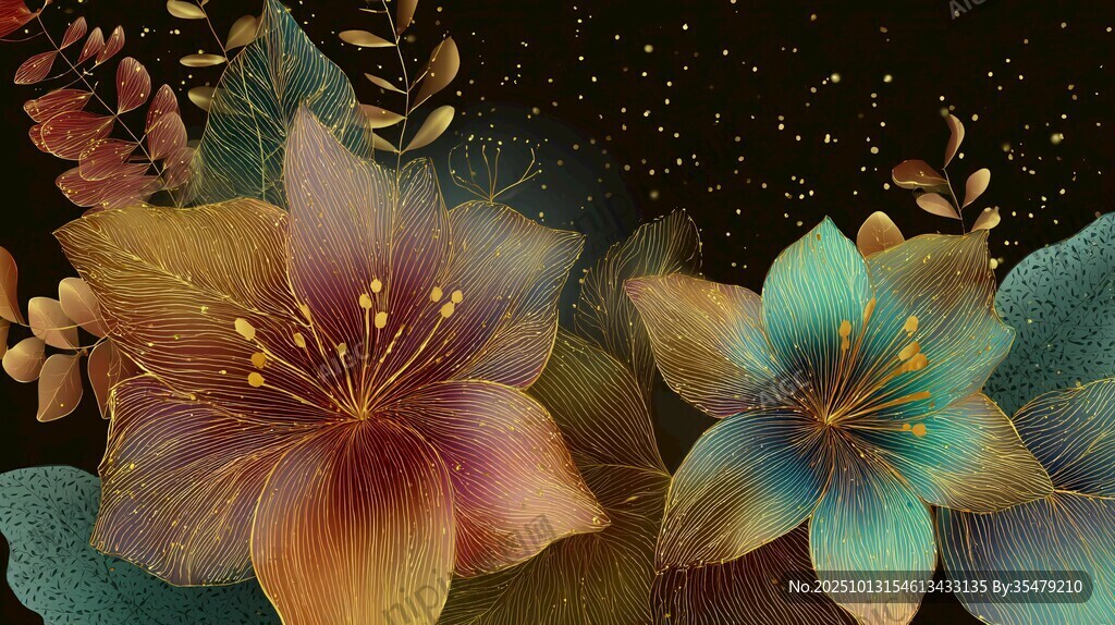 梦幻花卉夜色插画