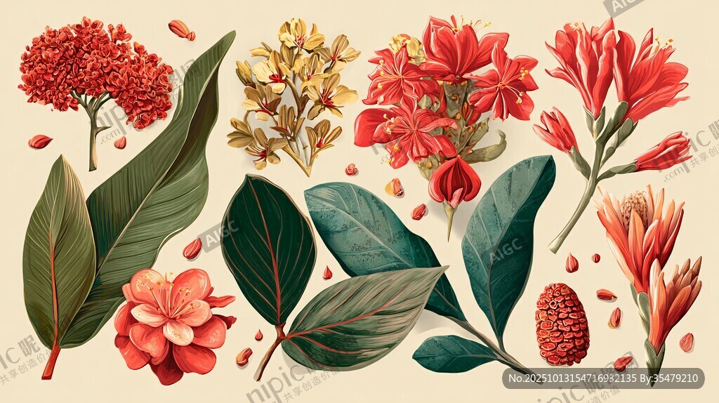 多彩花卉与绿叶插画素材