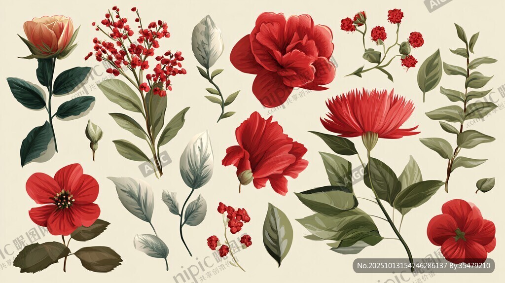 红色花卉植物插画素材