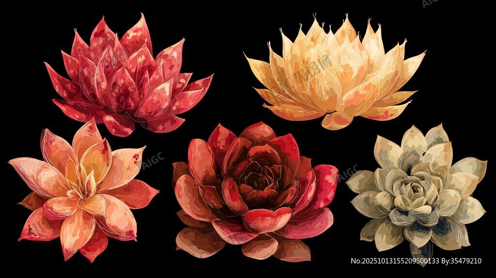 多彩多肉植物水彩插画