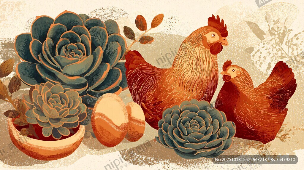 鸡与多肉的田园温馨画面