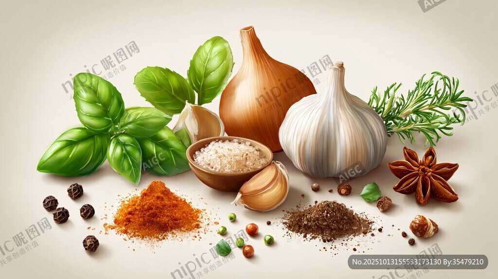 多样香料与新鲜香草集合
