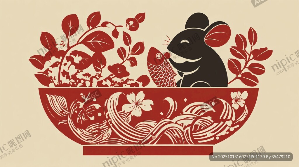 鼠年剪纸风碗中祥瑞画面