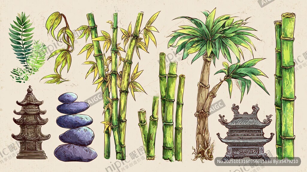 中式园林元素手绘插画