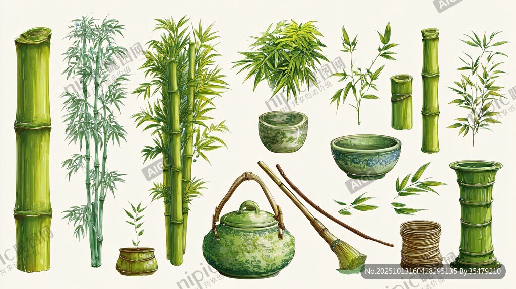 中式竹韵茶具插画素材