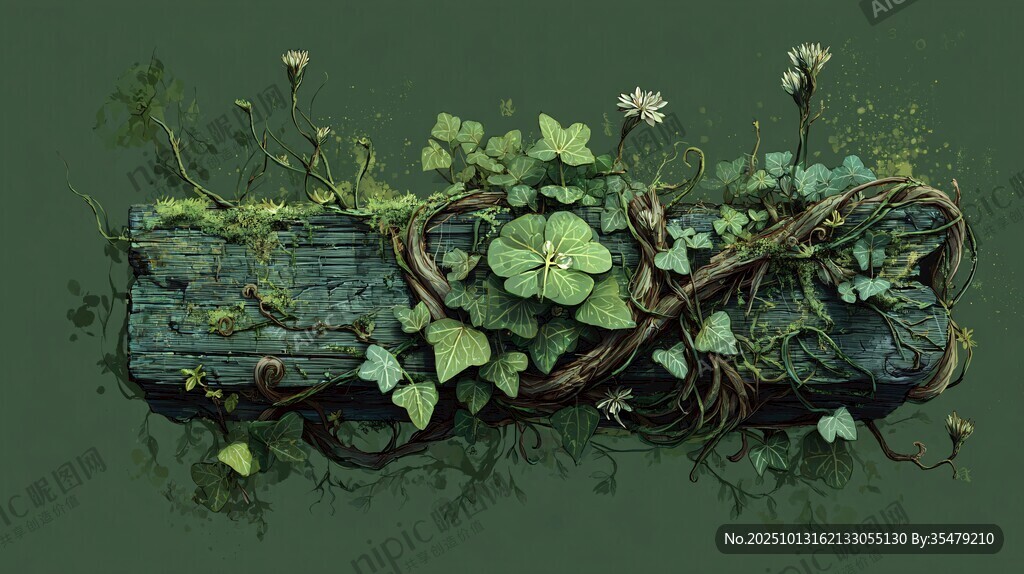 长满绿植的古老朽木