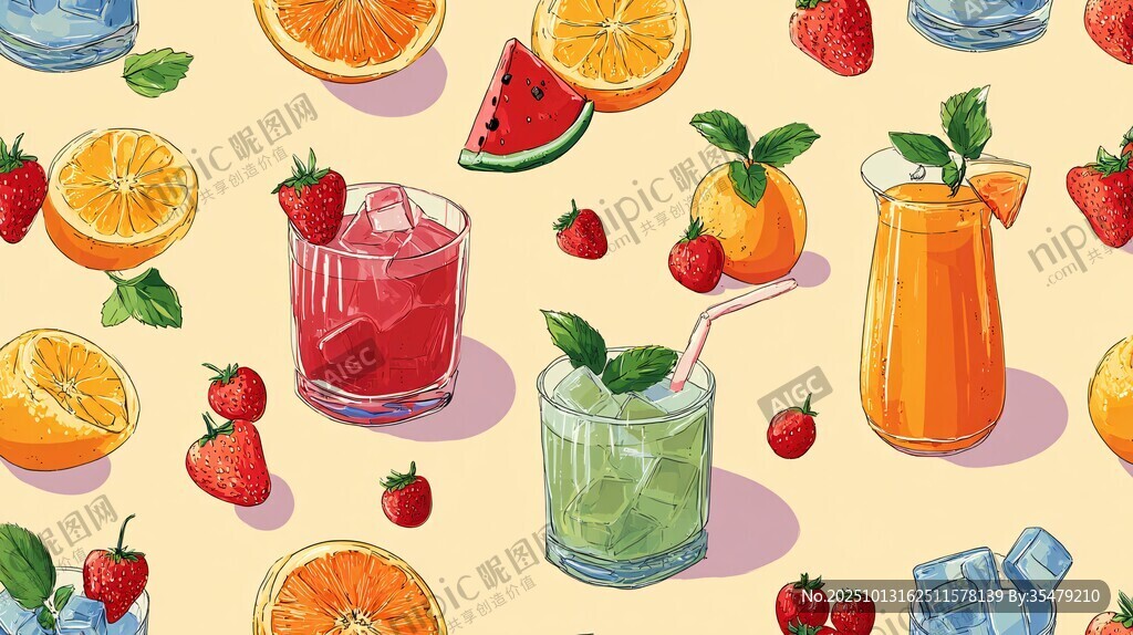 夏日缤纷水果饮品插画