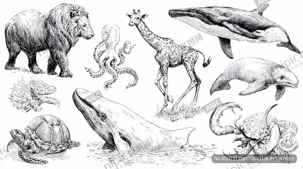 手绘多样野生动物插画