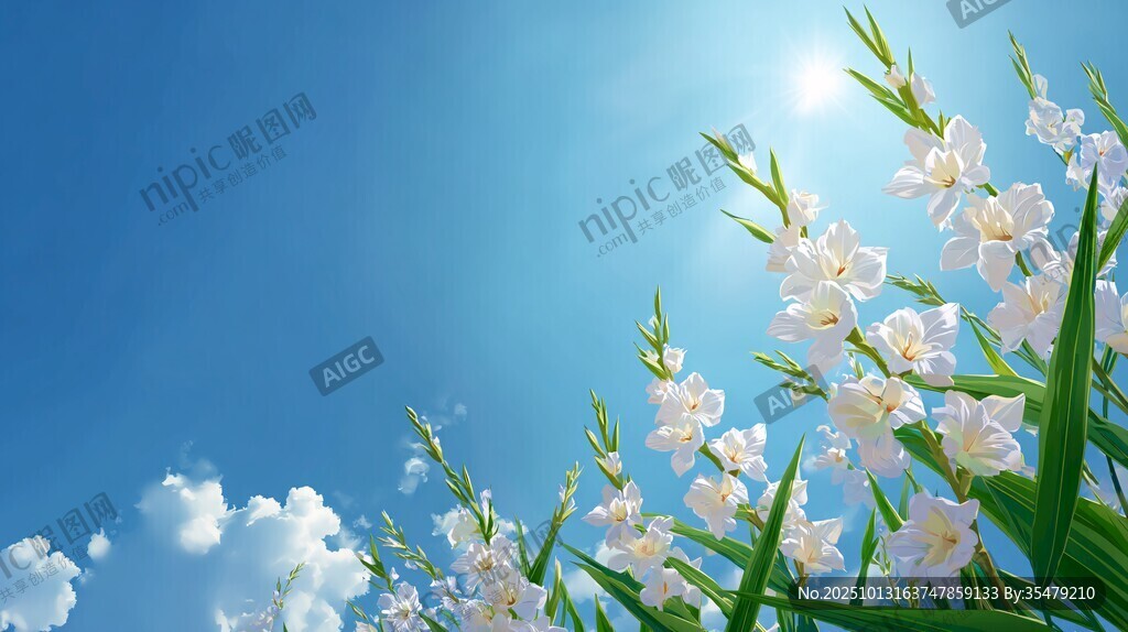蓝天之下绽放的白色花朵