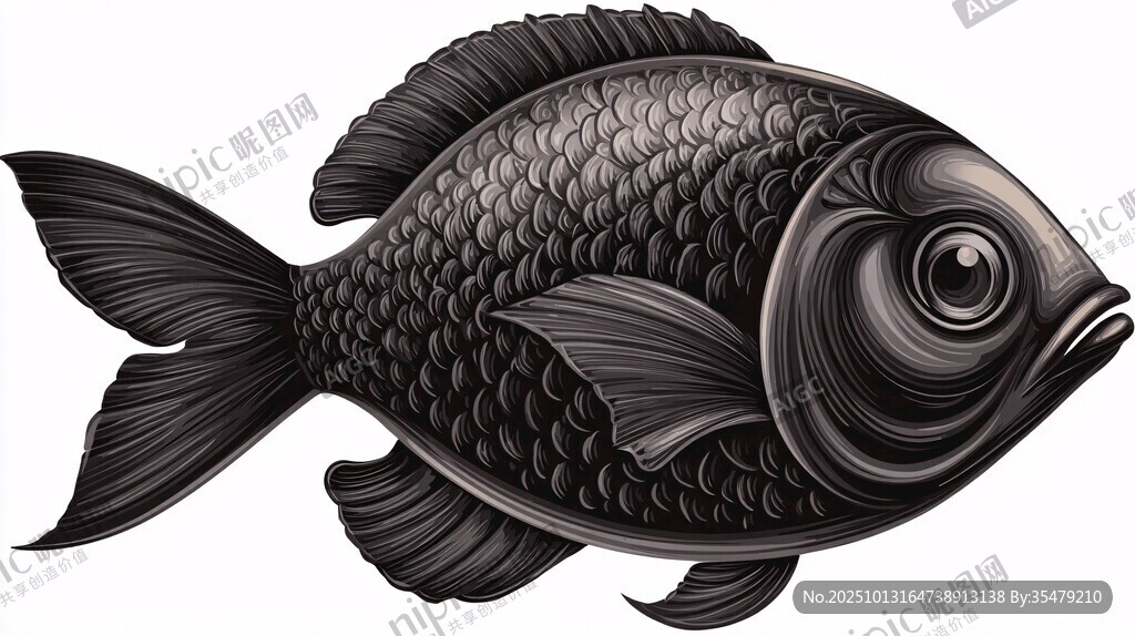 黑金鱼插画 线条精致细腻