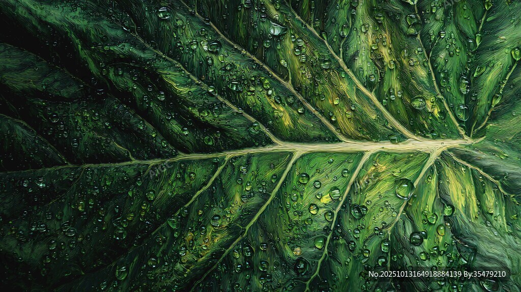 绿叶上晶莹水珠的微观美